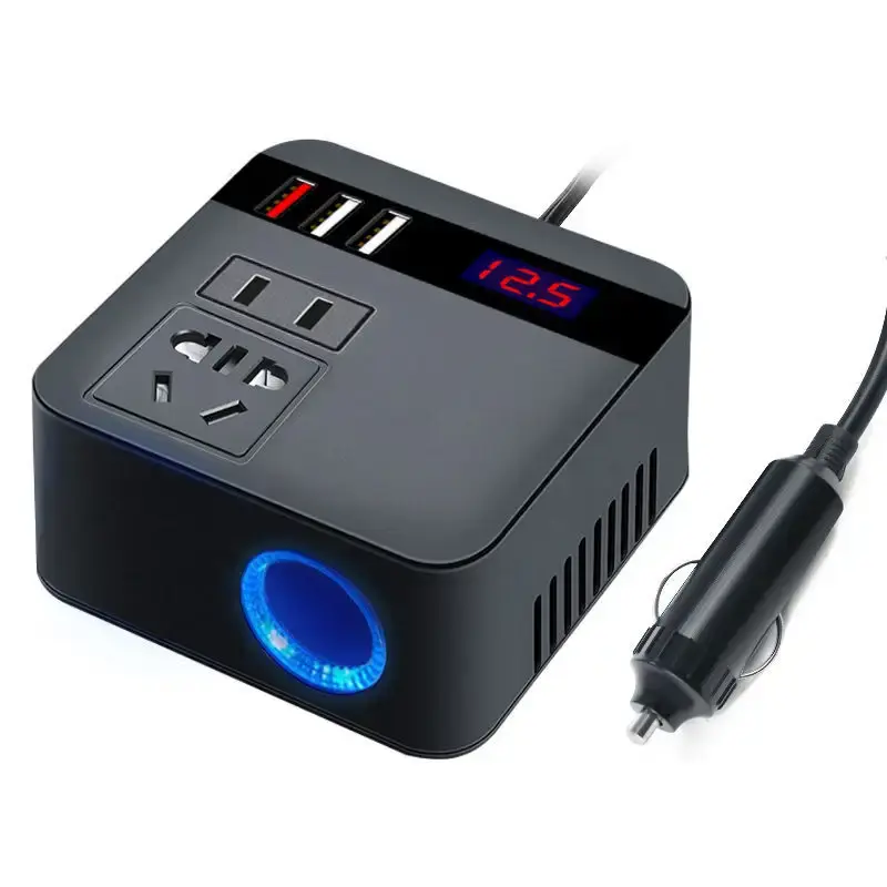 Onduleur de voiture 150W 12V/24V DC à 220V AC Adaptateur d'alimentation allume-cigare avec chargeur USB QC 3.0 Chargement rapide