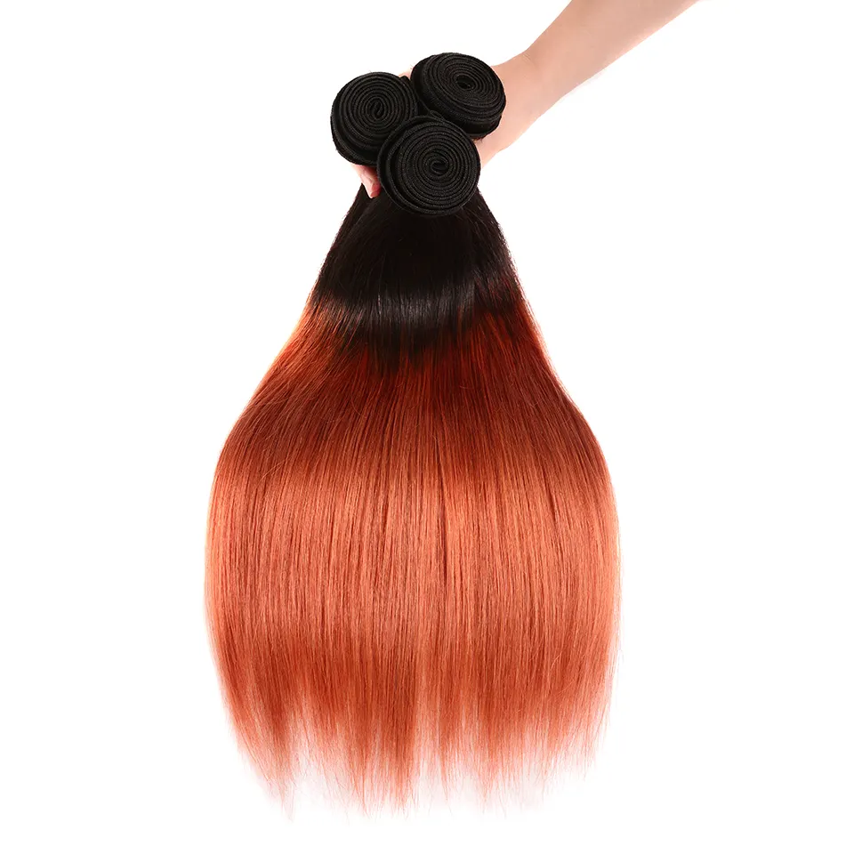 Tissage en lot brésilien naturel Remy lisse — queen beauty, os couleur #1B/350 Orange, 8-30 pouces, trame de cheveux, 1 pièce