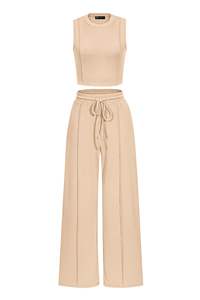 Fabricants de vêtements Hauts sans manches côtelés pour femmes et pantalons décontractés Ensemble 2 pièces décontracté personnalisé de haute qualité pour femmes - Product Image 5