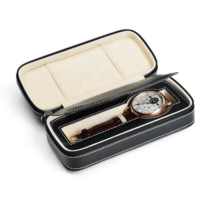 Nieuwe Producten 2 Grids Pu Leer Rits Mannen Luxe Reizen Horloge Storage Case Custom Horloge Doos