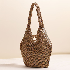 Sac de plage en paille tressée de luxe pour femme, style <span class=keywords><strong>français</strong></span>, nouvelle collection été, sac seau vintage pour vacances à la mer et shopping - Product Image 4