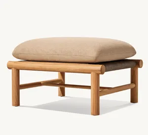 LINDON Hot Selling New Design Luxury Teak Wood Ottoman Outdoor Modern Waterproof Fabric Footstool With Cushion