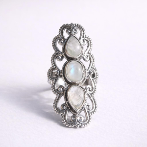 Triple Moonstone <b>Ring</b> in 925 Sterling Silver with Filigree Design Boho <b>Statement</b> Gemstone Jewelry for Everyday Wear - Product Image 2