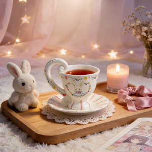 ชุดถ้วยและจานรองเซรามิกทำมือสไตล์ญี่ปุ่น ลายเมฆและพระจันทร์วาดด้วยมือ สำหรับชุดน้ำชายามบ่ายสุดหรู - Product Image 2