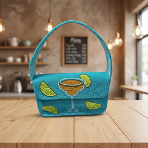 Turquoise <b>Pearl</b> Embroidered Soft Cocktail <b>Clutch</b> Bag with Lemon Martini Design for Evening Party - Product Image 3