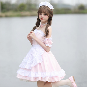 Maid Lolita Dress Costume Anime Cosplay Female Pink White Ruffle Dress Spring 2023 Polyester Material - Product Image 4
