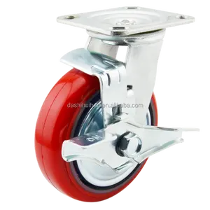 Medium Duty 125mm Industrial Polyurethane Wheel Red Cast Iron Core PU Swivel With Brake Caster Wheels