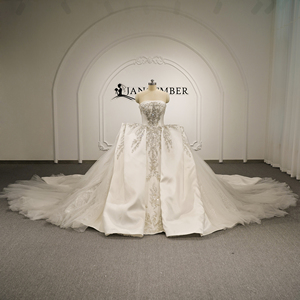 Gt26075 Long Sleeve Beaded <b>Wedding</b> Dress Lace-Up Back Silver Applique Satin Ball Chapel Train Floor-Length Modern Bridal Gown - Product Image 1