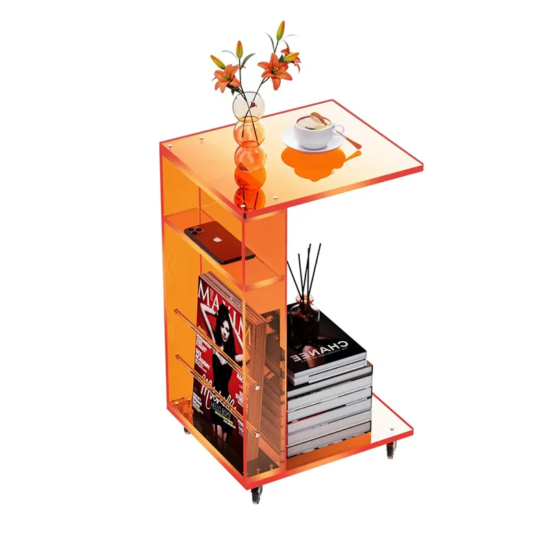 bespoke translucent orange acrylic side table on lockable wheels with muti storage space