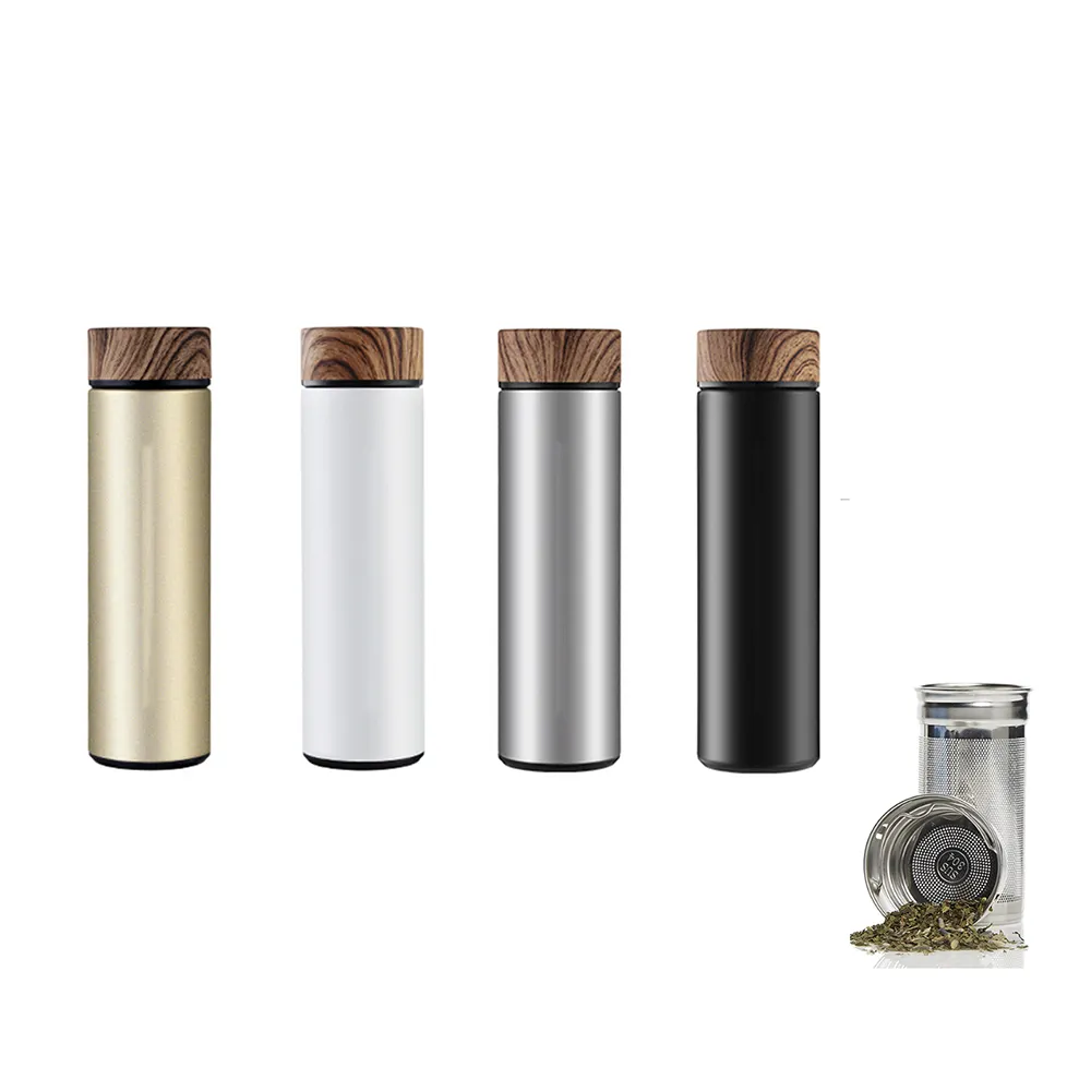 ChuFeng Water Bottle Stainless Steel Vacuum Flask Thermal cup with Tea Infuser Wood Grain Lid Cup Thermos