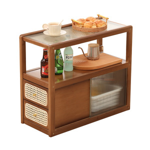 Meuble d'appoint de canapé en bois massif avec plateau en verre et étagères de rangement avec tiroirs, mobilier de salon - Product Image 5