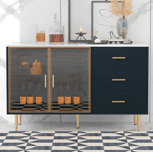 Modern Solid Wood <b>Sideboard</b> Buffet Cabinet Marble Sticker Tabletop Amber-yellow Tempered Glass Doors Living Room Dining Storage - Product Image 2