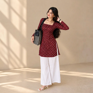 Block Print Handmade Kurti | Square Neck | Full Sleeve | Brown type | Stylish Ethnic <b>Top</b> | Short Kurti for Women - Product Image 1