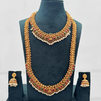 Parure de collier longue traditionnelle indienne du sud pour mariée, en alliage plaqué or avec boucles d'oreilles en zircon, style vintage pour fiançailles, mariage et fêtes