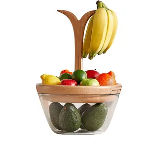 الزان الخشب 3 الطبقة سلة فاكهة مع الموز شماعات سلطانية للفاكهة ل طاولة مطبخ زجاج النضج حاوية
