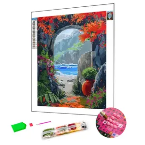 Pintura de paisagem marítima com vista para além do mar DIY Kits de diamantes de ponto cruz com perfuração completa de cristal com strass para decoração de casa de luxo