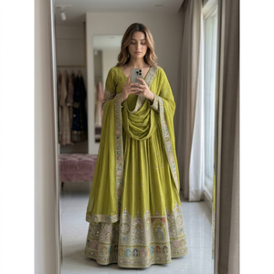 Green <b>Velvet</b> <b>Women's</b> Embroidered Woven Reversible Anarkali Suit Set with Dupatta Traditional Wedding Dress - Product Image 1
