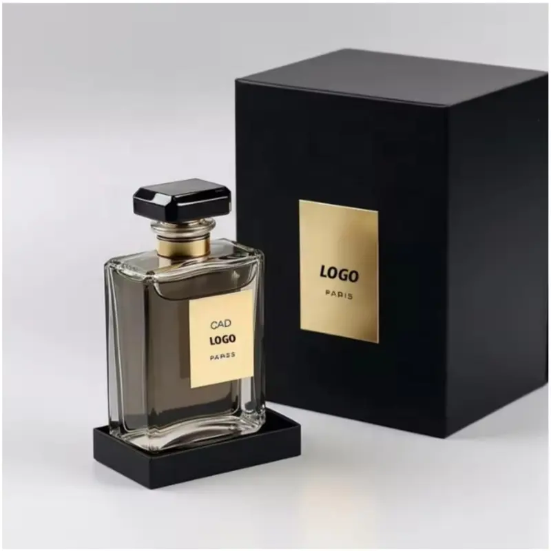 Custom Zwart Papier Parfum Geschenkpakket Lege Etherische Olie Oud Flessen Vierkante Verpakking Geschenk Parfum Doos 50Ml Met Fles