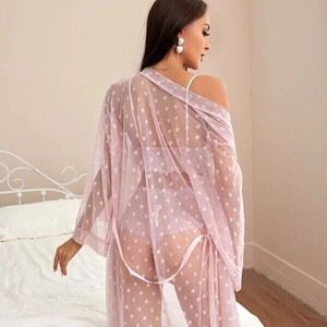 Manches longues transparent Sexy Lingerie femmes dentelle maille nuit jarretelle jupe chemise de nuit trois pièces ensemble - Product Image 3