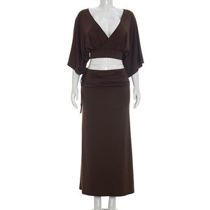 Viviblook Y26ST216 Women Summer <b>Set</b> New Solid Color <b>Sexy</b> V-Neck Crop Top Skirt Two Piece Casual <b>Set</b> - Product Image 1