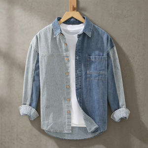 Nouvelles chemises en jean pour hommes, printemps, style streetwear, manches longues, hauts amples, patchwork à rayures, mode jeune et tendance - Product Image 3