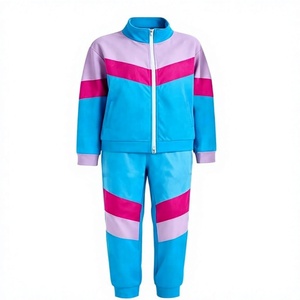 Ensemble de survêtement pour filles avec blocs de couleur, veste à fermeture éclair à manches longues, pantalon avec poches latérales, style sportif, polyester, vêtements de printemps - Product Image 1