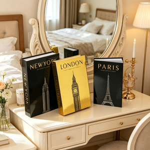 Lot de 3 boîtes de rangement discrètes en forme de livres, motif imprimé doré, thème villes New York, Londres, <span class=keywords><strong>Paris</strong></span>, pour la décoration de la maison et des hôtels - Product Image 1
