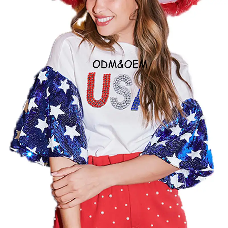 WINGTU Logo personnalisé Rhinestone Bubble Sleeve T Shirt USA Star Sequin Independence Day Short Sleeve Top Pour les femmes