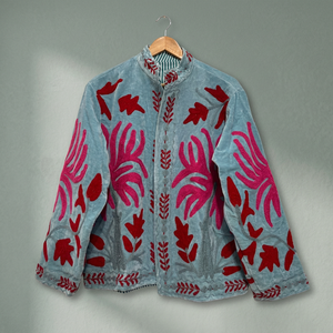 Women's Light Blue Velvet Embroidered <b>Jacket</b> With Red Floral Pattern Full Sleeve <b>Mandarin</b> <b>Collar</b> Open Closure Autumn Style - Product Image 4