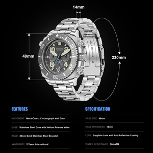 Orologio Subacqueo LIGE FN1801 con Vetro Zaffiro, Resistente all'Acqua 500M, Automatico Meccanico <span class=keywords><strong>Cronografo</strong></span> Luminoso in <span class=keywords><strong>Acciaio</strong></span> Inox da 48mm + Regalo - Product Image 5