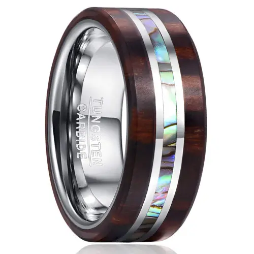Cincin Tungsten karbida langsung dari pabrik dengan kombinasi cangkang tatahan kayu 8mm mode perak pria cincin pernikahan hadiah perhiasan