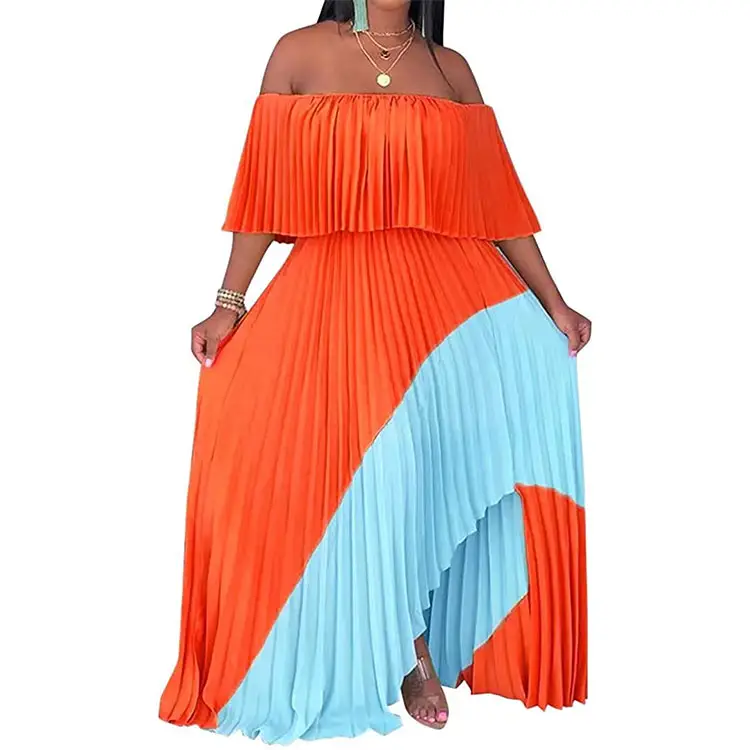 Contrast Color Sexy Chiffon Sundress Off Shoulder Ombre Tie Dye Pleated Skirts Long Boho Beach Maxi Dress