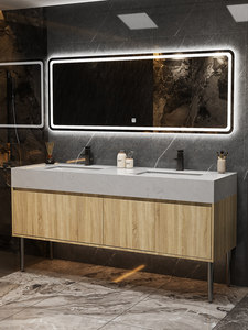 Ensemble de meubles de salle de bain modernes à double vasque pour toilettes publiques, meuble-lavabo mural en marbre, résistant à l'eau, facile à nettoyer, style ferme - Product Image 2