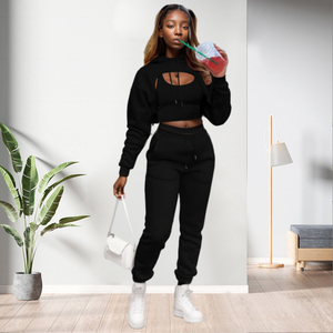 Solid Color Pockets <b>Thin</b> <b>Hoodie</b> Sport Joggers Two Piece Pants Set Women Fashion - Product Image 6