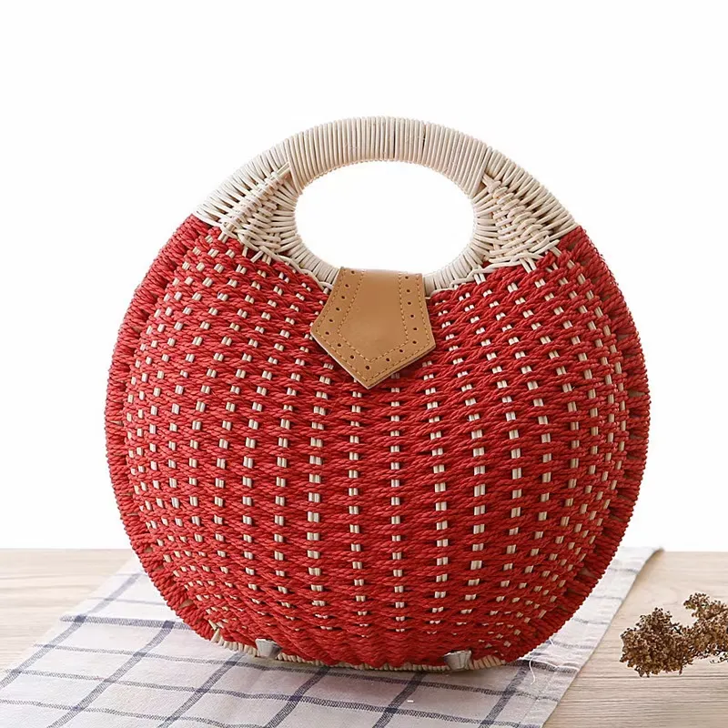 2024 Guangzhou Wholesale Custom Logo Lady Rattan Straw Purse Round Purse Bags