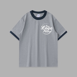 T-shirt de style collège lourd 100% pur coton coupe ample col rond avec design d'épissage contrasté - Product Image 3