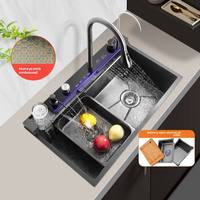 Évier de cuisine moderne fait main, cascade de pluie volante, revêtement nano, acier inoxydable 304, évier simple, multifonctionnel, noir, intelligent