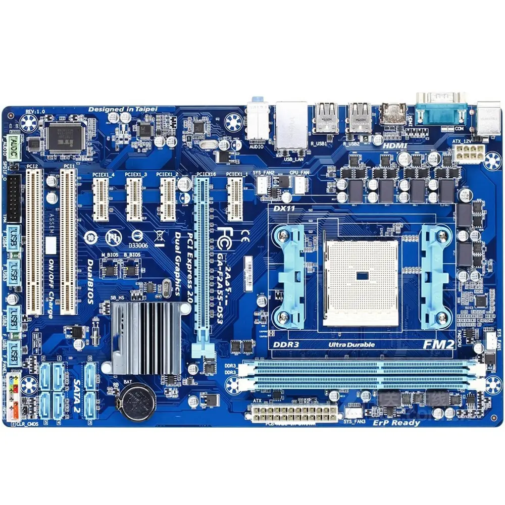 Pour GIGABYTE GA-F2A55-DS3 Carte Mère De Bureau A55 Prise FM2 Pour AMD A10 A8 A6 A4 Athlon 32G ATX D'origine F2A55-DS3 Utilisé Mainboa