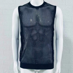 <span class=keywords><strong>Camisetas</strong></span> sin mangas transpirables sexis <span class=keywords><strong>para</strong></span> hombre, estilo informal de punto transparente negro, talla XL, sin mangas, ropa de gimnasio hueca - Product Image 6