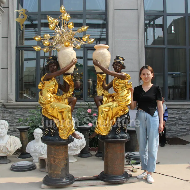 Vida Tamanho Custom Casting Golden Bronze Estátua Lâmpada Lady Lâmpada Escultura