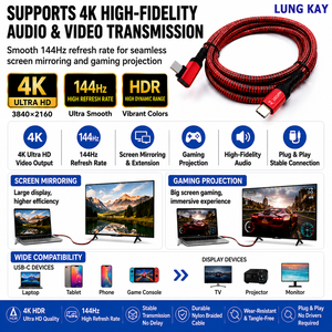 LUNG KAY USB 3.2 Gen 2x2 Type C to C สายเคเบิล 20Gbps PD 100W 5A ชาร์จเร็ว 4K 144Hz สายวิดีโอสำหรับสตีมเด็คสวิตช์แล็ปท็อป - Product Image 2