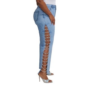 Nuevo diseño Skinny Jeans de pierna ancha para mujeres de talla grande Mummy Sexy Jeans con detalle de cadena lateral - Product Image 3