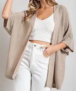 ODM OEM Custom primavera estate maglieria da <span class=keywords><strong>donna</strong></span> aperta frontale Cardigan a maniche corte in <span class=keywords><strong>maglia</strong></span> leggera in <span class=keywords><strong>lino</strong></span> sottile per <span class=keywords><strong>donna</strong></span> - Product Image 1