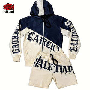 Ensemble de survêtement streetwear chicano personnalisé pour <span class=keywords><strong>homme</strong></span>, coupe-vent à <span class=keywords><strong>capuche</strong></span> zippé et short assorti, imprimé lettres gothiques effet goutte, bicolore - Product Image 3