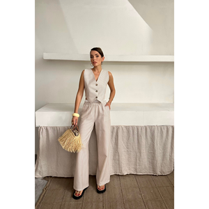 Conjunto Casual de Tela de Punto de Lino Beige Talla XS con Diseño de Rayas Tipo Waffle, Chaleco Corto y Pantalones Cortos con Estampado Primaveral - Product Image 5
