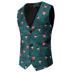 Autumn Winter Youth Slim Fit 3D Flap Pockets Casual Collarless Single Breasted <strong>Christmas</strong> Print Suit <strong>Waistcoat</strong> Vest Gilet - Product Image 1