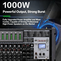 Console de mixage audio professionnelle QH-12D 12 canaux 1000W en métal avec Bluetooth, USB, effets DSP, amplificateur, contrôles d'égalisation et enregistrement
