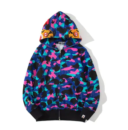 Custom wholesale high quality oversized galaxy print full zip up bape plus size men's hoodies sweatshirt with chenille patch