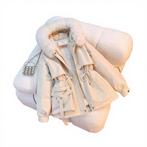 Abrigo Cálido de Invierno para Mujer H-2553, Nuevo Estilo con Cuello de Pelo Grande, Abrigo de Una Pieza con Interior de Terciopelo, Versátil y a la Moda - Product Image 4