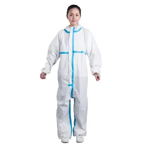 Tulum PP SMS özel OEM PPE emniyet elbisesi takım kimyasal koruyucu Anti statik ucuz iş üniformaları tek kullanımlık tulum